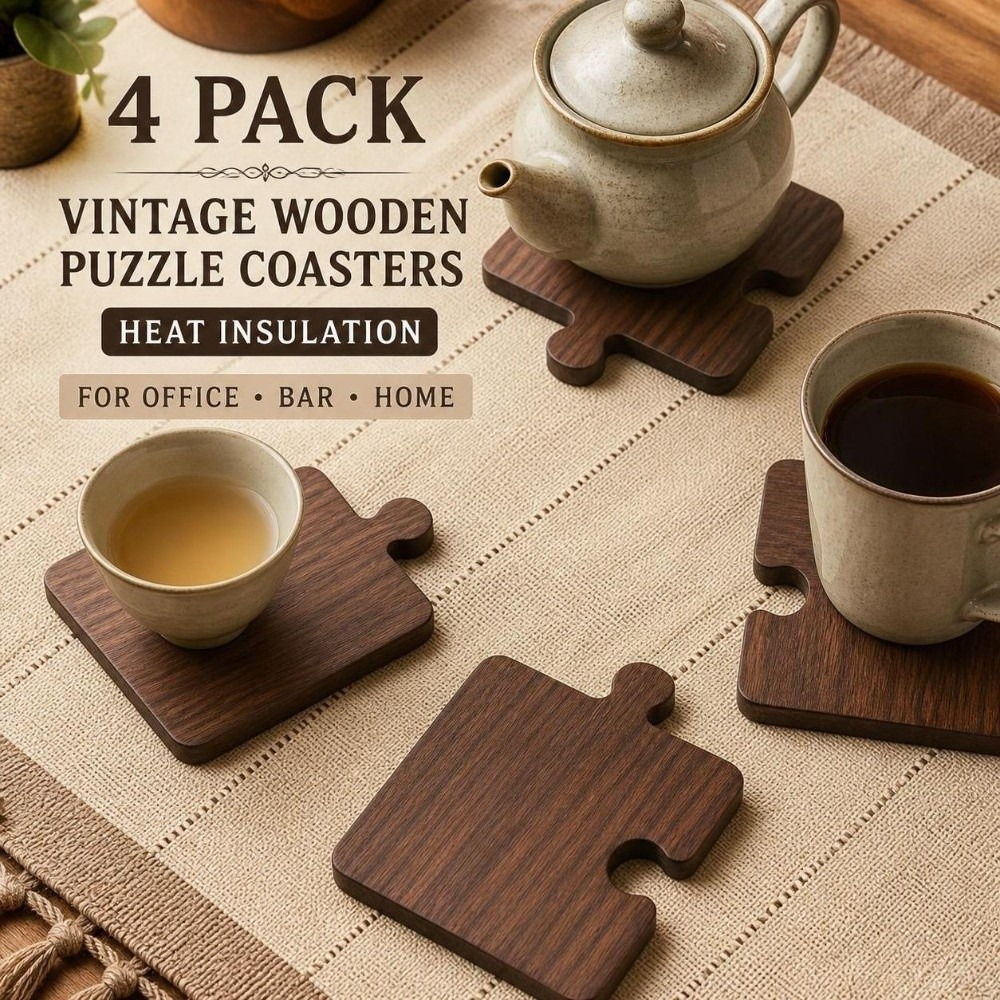 Woodworking Hobby - 4-delige vintage houten onderzetterset, hittebestendig, kerstdecoratie,
